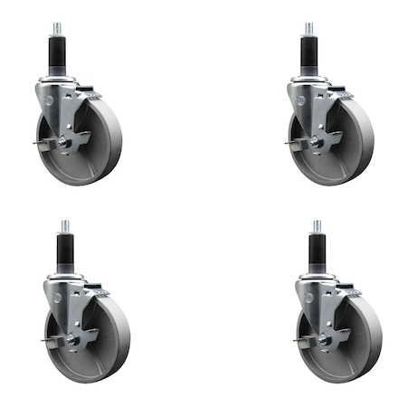 Service Caster 5'' Semi Steel Swivel 1-1/8'' Expanding Stem Caster Set with Brake, 4PK SCC-EX20S515-SSR-TLB-118-4
